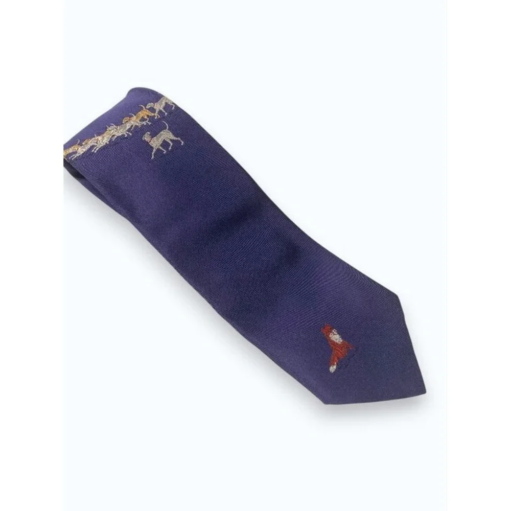 Vintage Perry Ellis Handmade Necktie Embroidered Silk‎ Fox Hunt Dark Academia